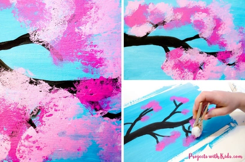 Cherry blossom painting with cotton balls is the perfect spring art project for kids. Kids will love exploring and painting the gorgeous cherry blossom colors with cotton balls in this process art activity. A fun painting project for kids of all ages!