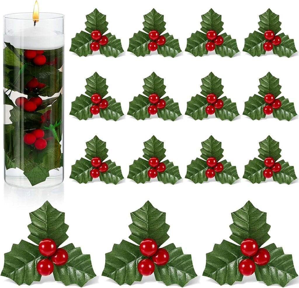 Christmas Holly Berries Faux Berry Flowers with Green Leaves for Christmas Wreath Arrangement Fillers Party Christmas Vase Fillers Floating Candle Centerpiece Decorations (Red)