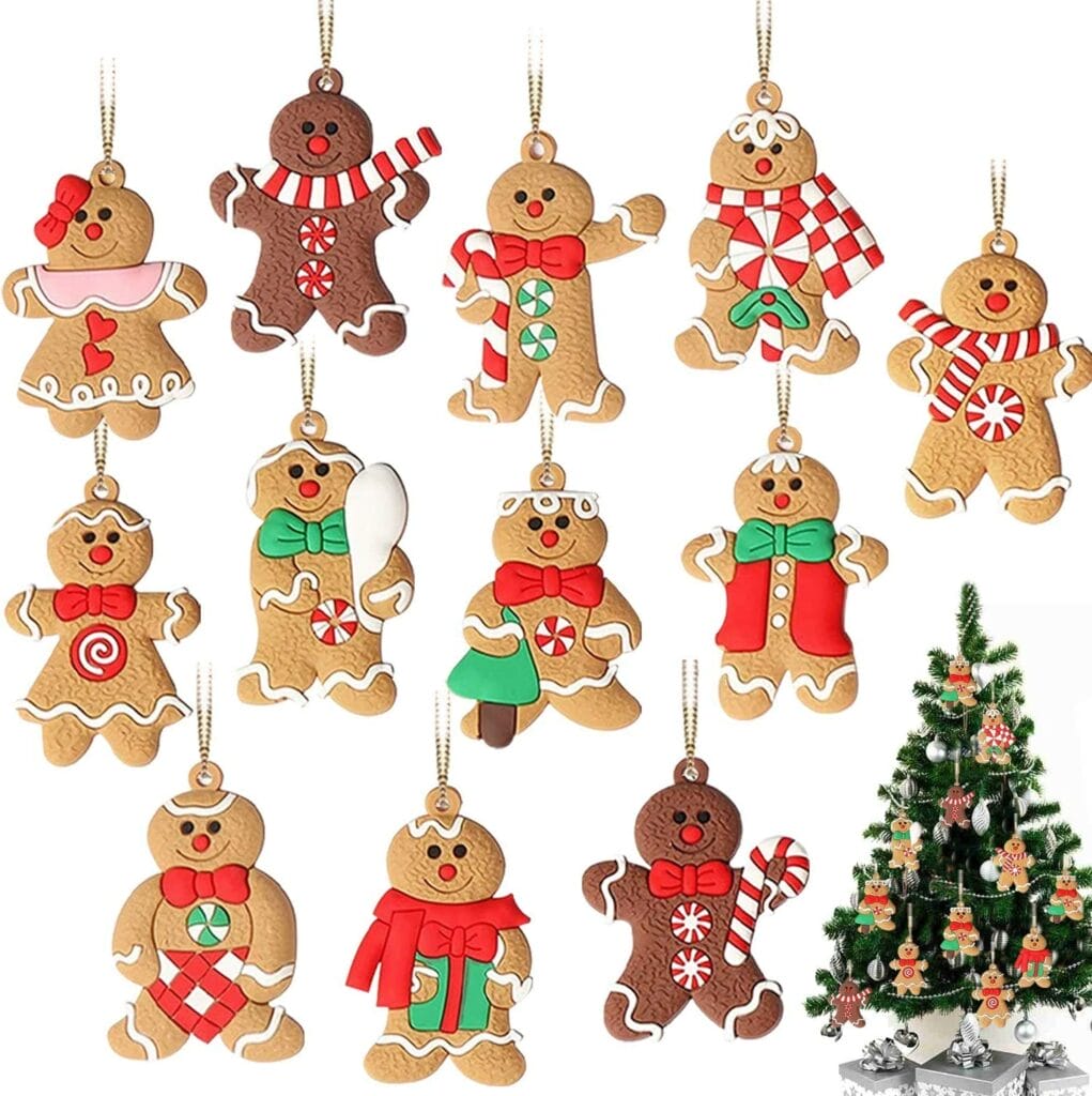 GuassLee 12 Pack Gingerbread Man Ornaments for Christmas Tree Decorations, 3 inch Tall Gingerman Hanging Charms Christmas Tree Ornament Holiday Decorations