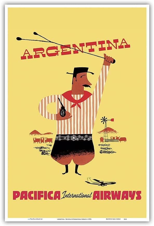 Argentina - Argentinean Gaucho (Cowboy) Mate Calabash Gourd, Boleadoras - Pacifica International Airways - Vintage Airline Travel Poster c.1950s - Master Art Print 12in x 18in