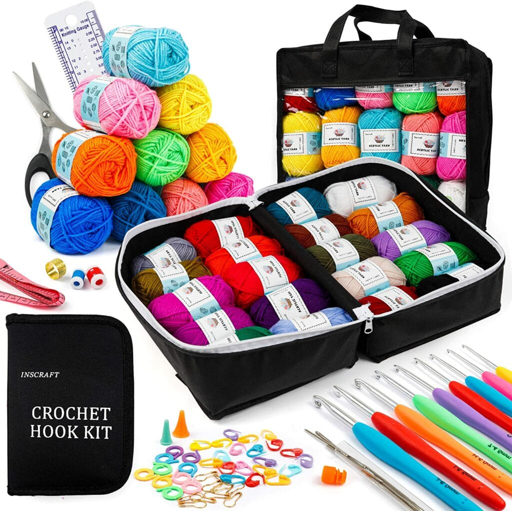 103 PCS Crochet Kit with Crochet Hooks Yarn Set, Premium Bundle Includes 2180 Yards Acrylic Yarn Skeins Balls, Needles, Accessories, Bag, Ideal Starter Pack for Kids Adults Beginner Professionals
