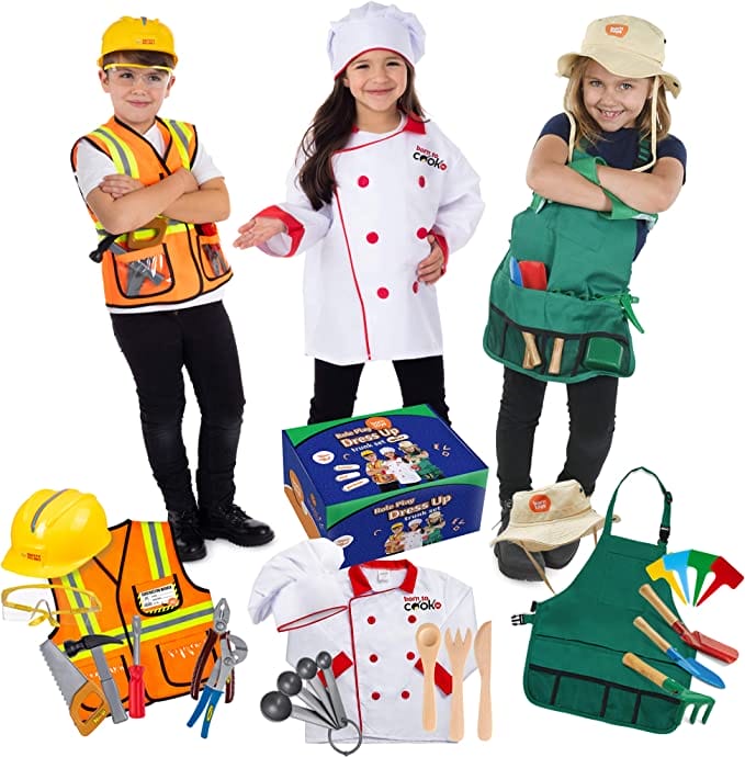 Born Toys Premium 27 Piece Dress Up Clothes for kids 3-7 Construction Worker with kids Tool Set,Gardening Costume with Gardening Tools,Chef or Baker with Baking toys