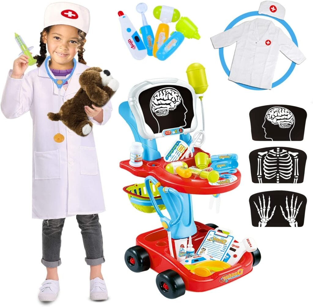 Doctor Cart Kit for Kids with Stethoscope Doctor Coat Light X-Ray Double-Decker Trolley Dress Up Doctor Costume Playset Toys Pretend Medical Play Doctor...