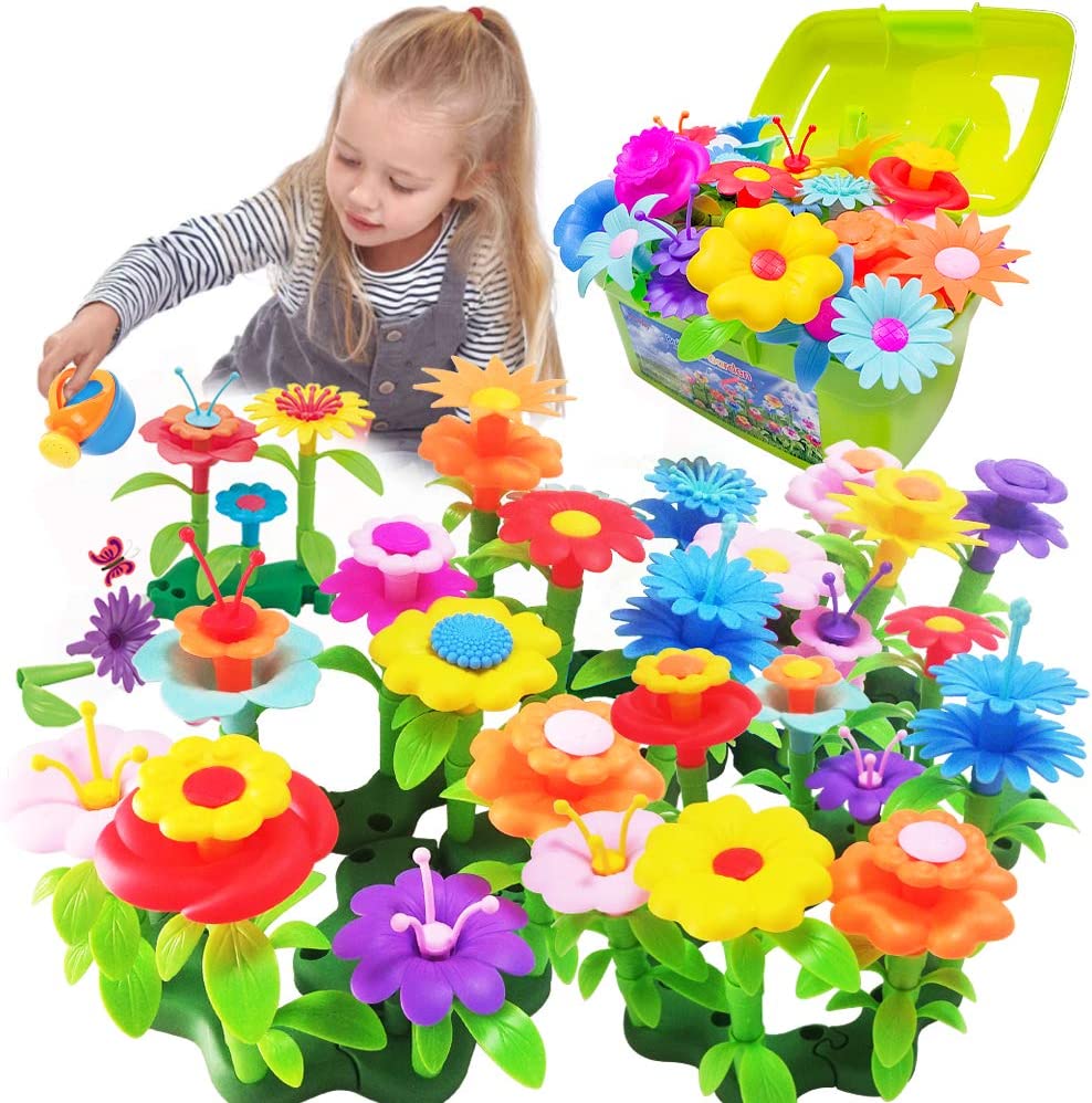 Scientoy Flower Garden Building Toys, Girl Toys Build a Garden, 130 PCS Flower Pretend Gardening Gift for Kids, Floral Arrangement Playset for Age 3-7 Year Old Child Educational Activity