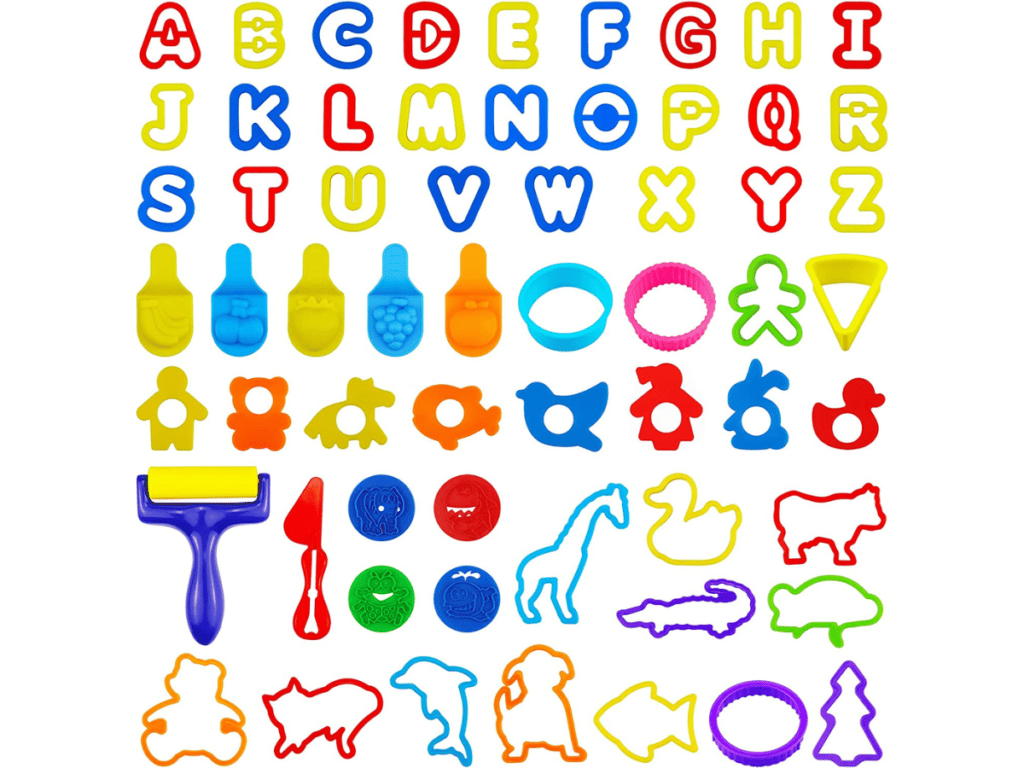FRIMOONY Plastic Dough Tools for Kids, with Capital Letters, Cookie Cutters, Stamps, Multi-Color, 61 Pieces
