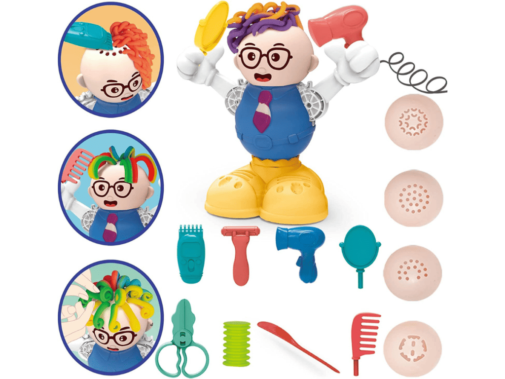 HASAYAQI Hair Cut Toy Playdough Set Barber Shop Tools with 4 Stylish Funny Hair Hoods for Boys and Girls Gift and Kids Ages 4-8
